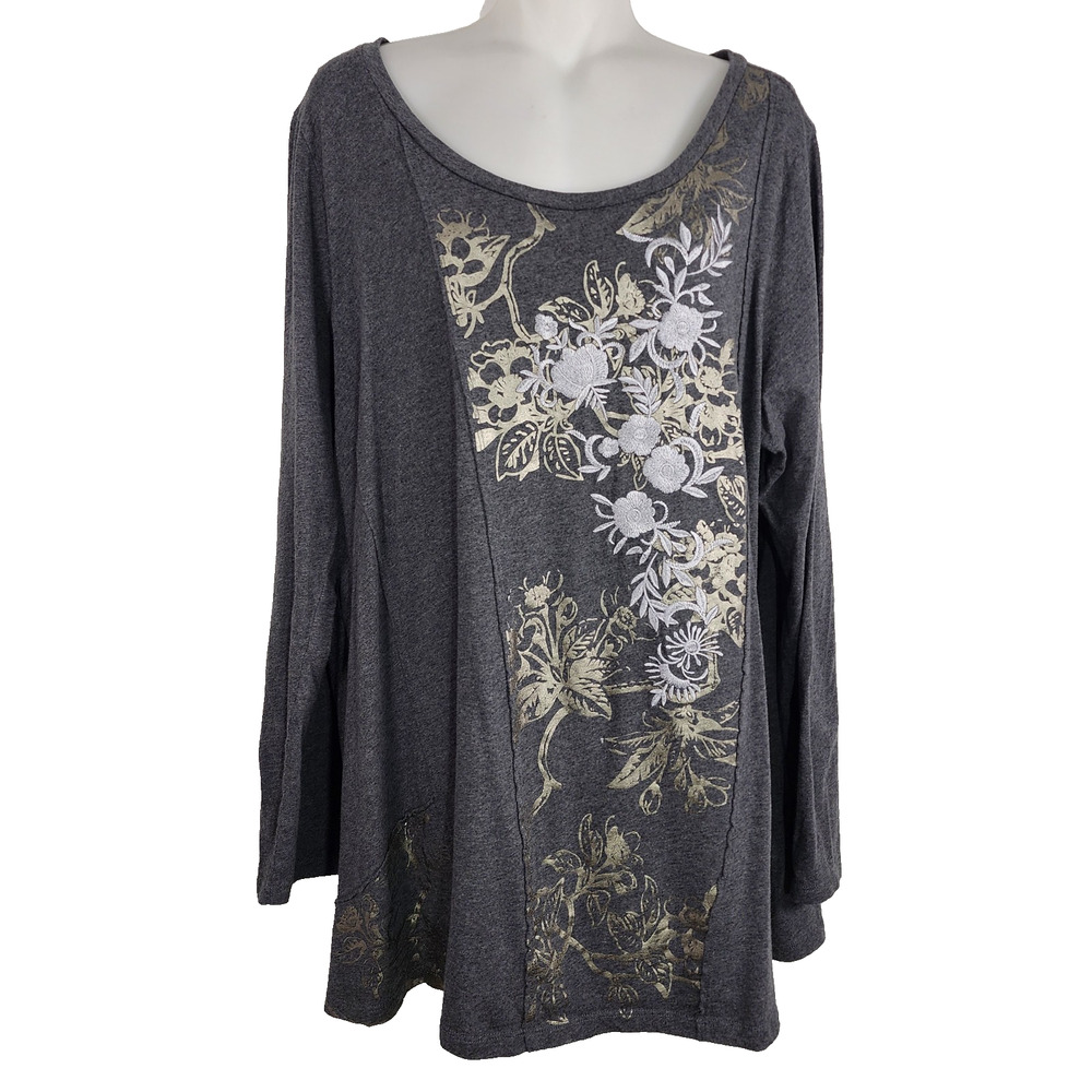 Soft Surroundings Julietta Tunic Top Size XL Gray Silver Embroidered Foil 2EP64